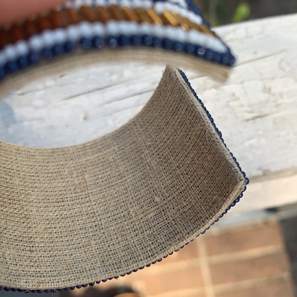 Blue & Gold Beaded Cloth & Metal Cuff Bracelet - Picture 10 of 17